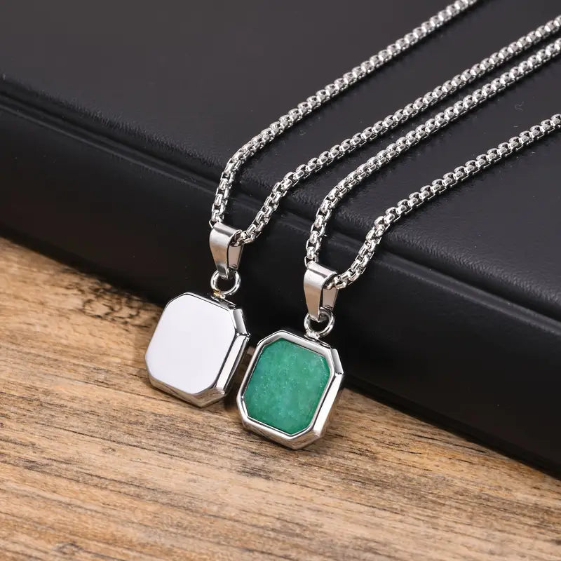 Men's Stainless Steel Green Stone Square Pendant Necklace – 3D Cubic Design