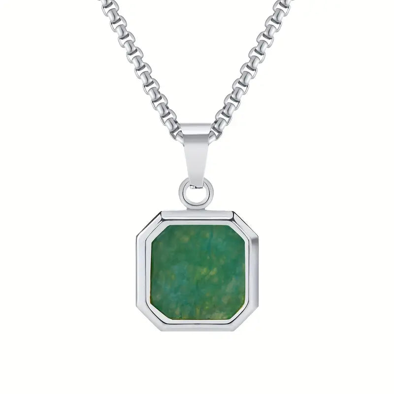 Men's Stainless Steel Green Stone Square Pendant Necklace – 3D Cubic Design