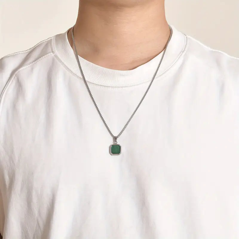 Men's Stainless Steel Green Stone Square Pendant Necklace – 3D Cubic Design