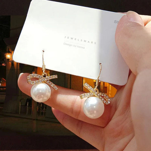 Delicate Heart Bow Pearl Earrings