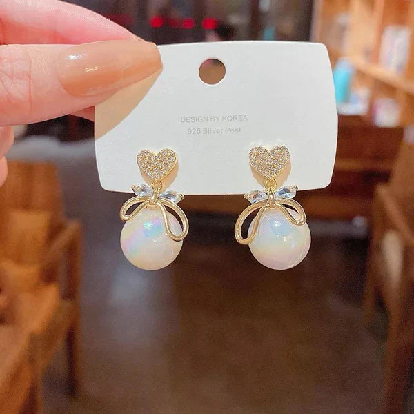 Delicate Heart Bow Pearl Earrings
