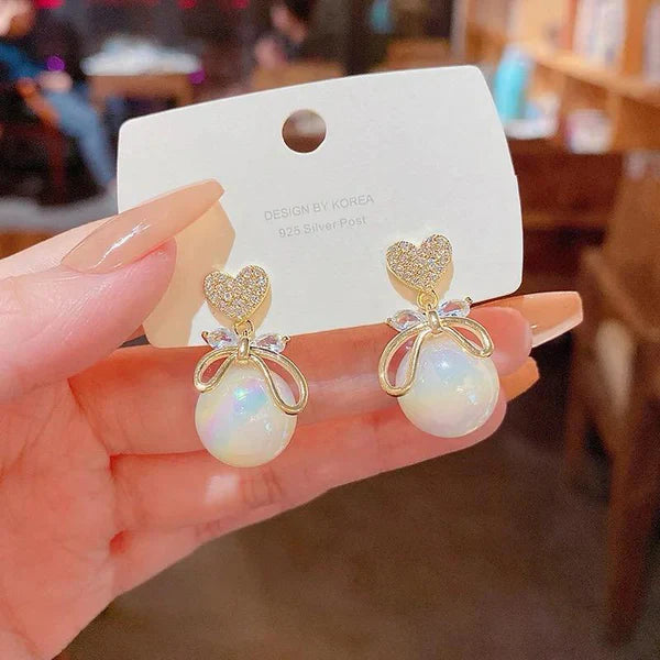 Delicate Heart Bow Pearl Earrings