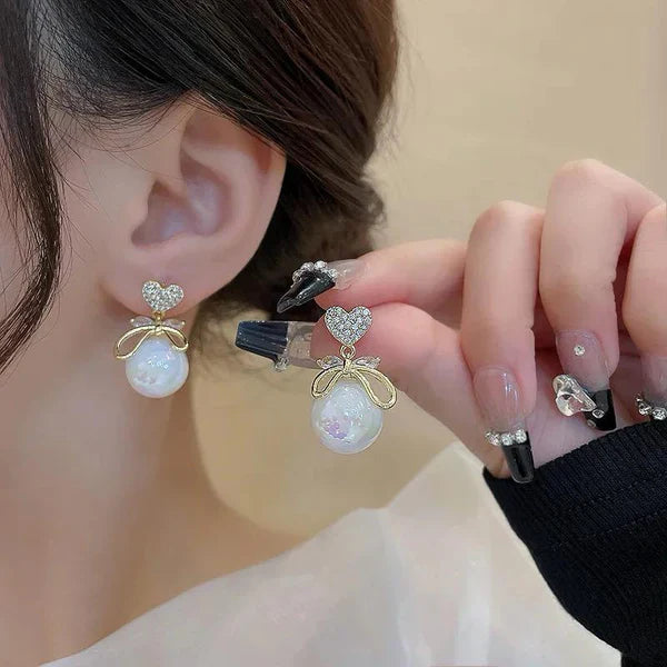 Delicate Heart Bow Pearl Earrings