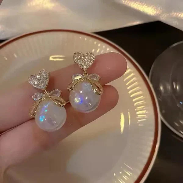 Delicate Heart Bow Pearl Earrings
