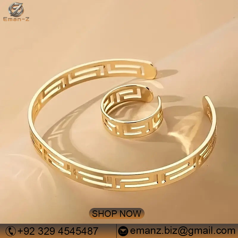 Greek Elegance Gold Cuff & Ring set